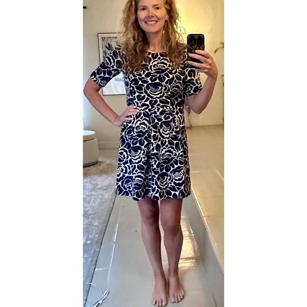 Boden Navy Blue White Floral Rose Fit & Flare Dress Short Sleeve Size US 8R